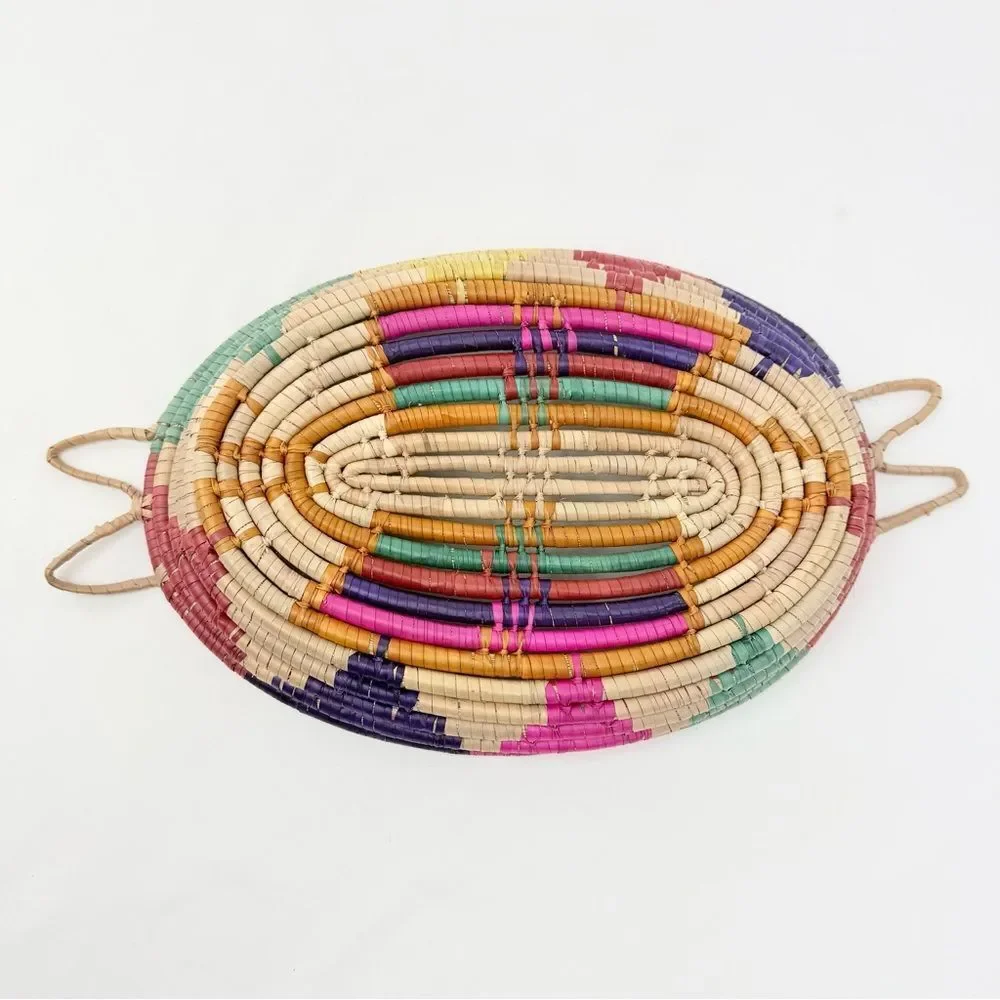 Colorful Woven Straw Oval Tray Basket Global Ethnic Tribal Southwestern